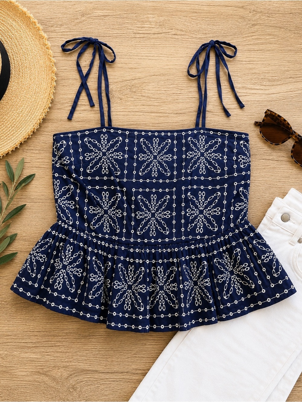 Milly Navy Blue Embroidered Peplum Tie Strap Blouse Cotton Large